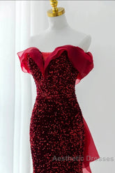 Wine Red Sequins Mermaid Long Party Dresses, Off Shoulder Sweetheart Evening Prom Dresses